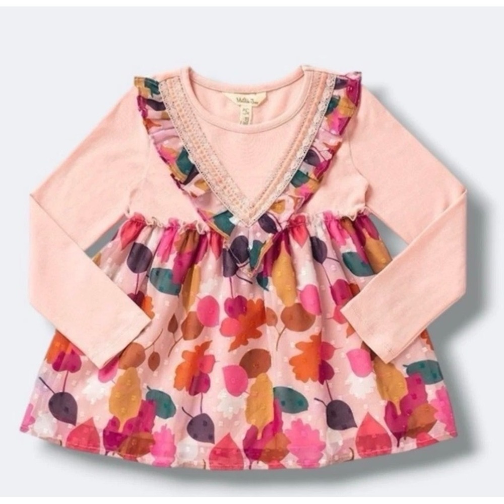 Matilda Jane Moments With You Leaf Pile Top Girls Size 8 Pink Floral Ruffle Top